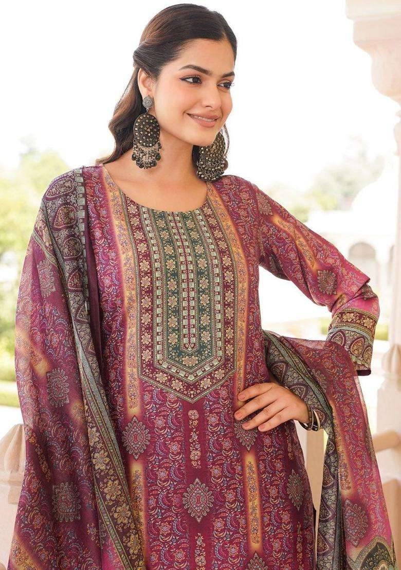 Purple Printed Polyester Kurta Set - Indya