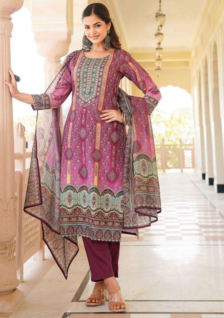 Purple Printed Polyester Kurta Set - Indya