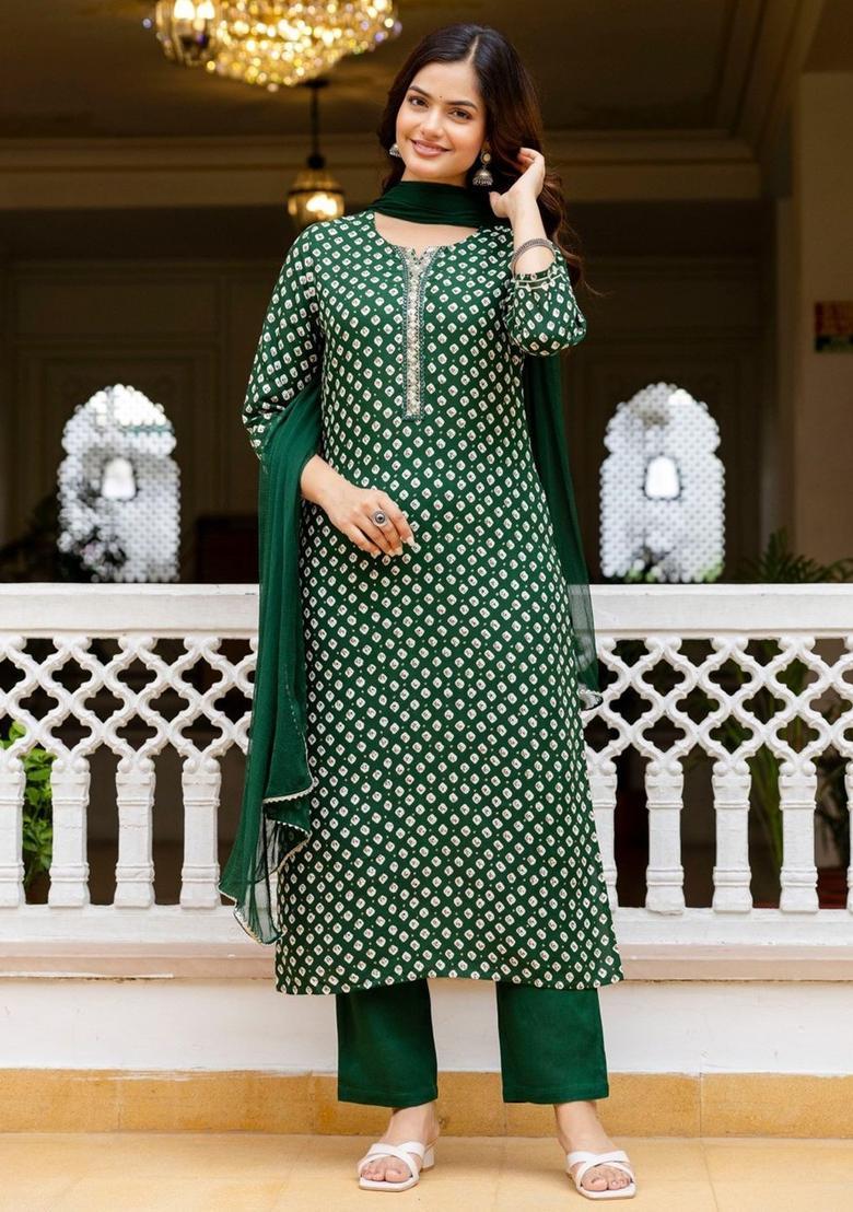 Green Embroidered Viscose Kurta Set - Indya