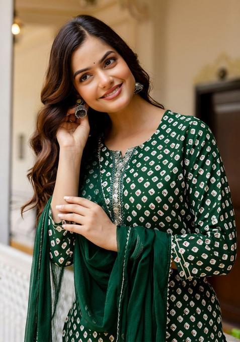 Green Embroidered Viscose Kurta Set — view on Indya