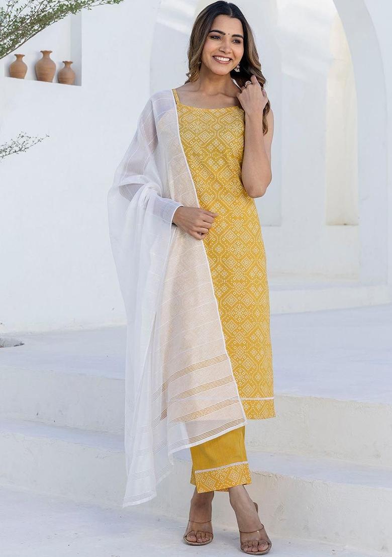 Yellow Printed Cotton Kurta Set - Indya