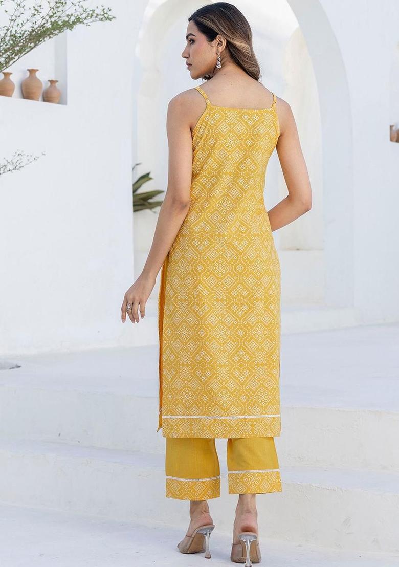 Yellow Printed Cotton Kurta Set - Indya