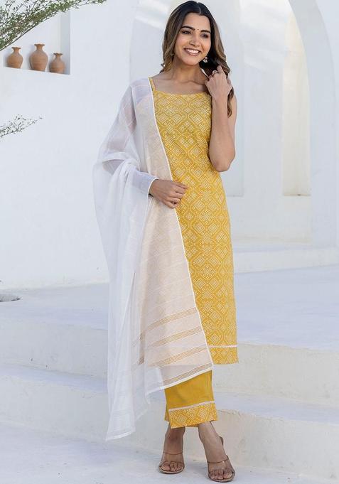 Yellow Printed Cotton Kurta Set — view on Indya