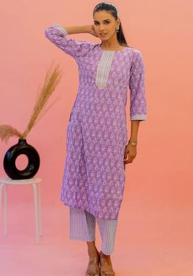 Purple Printed Cotton Kurta Set