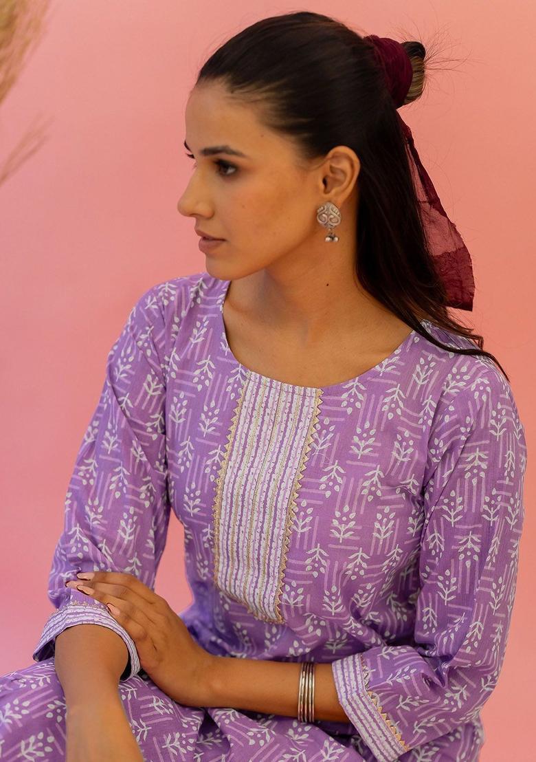 Purple Printed Cotton Kurta Set - Indya