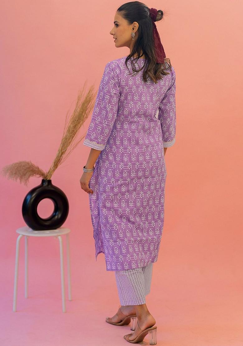 Purple Printed Cotton Kurta Set - Indya