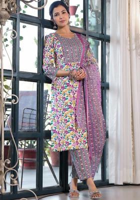 Beige Printed Cotton Kurta Set