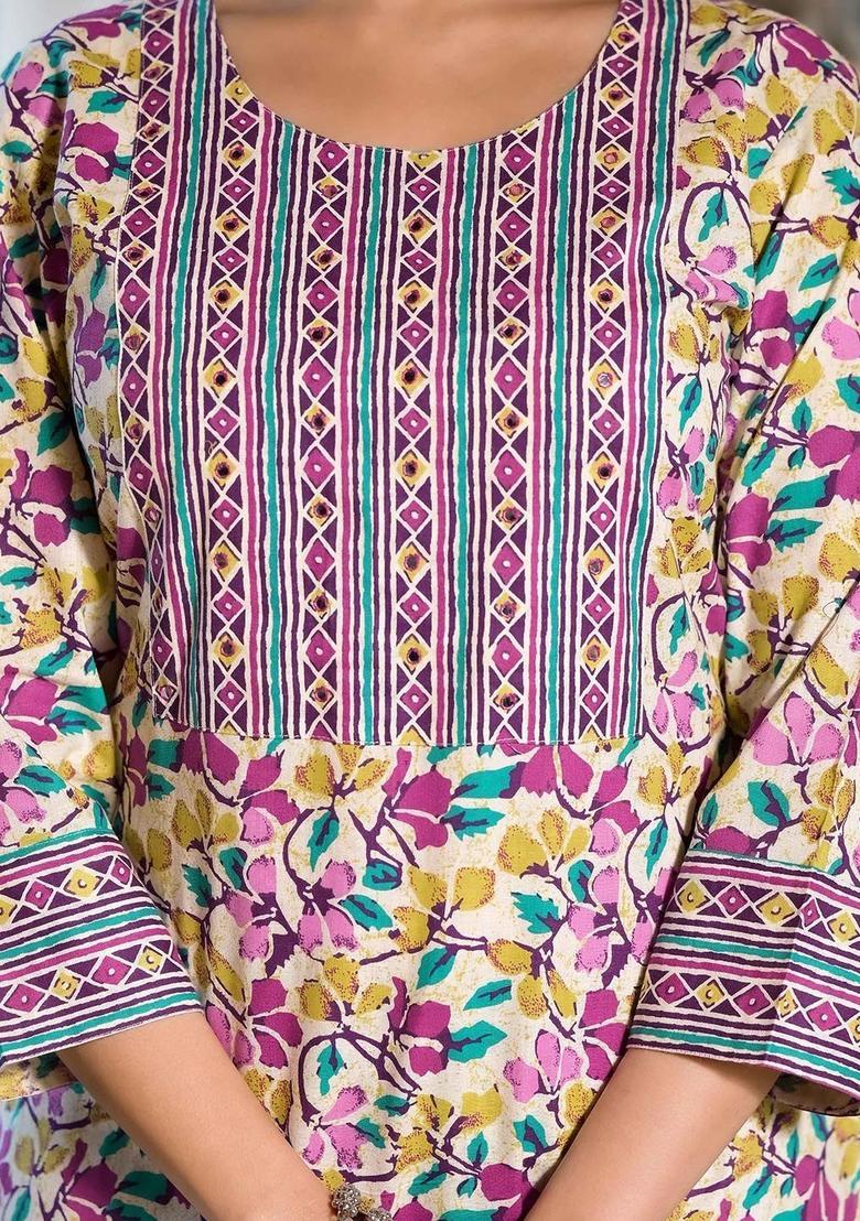 Beige Printed Cotton Kurta Set - Indya