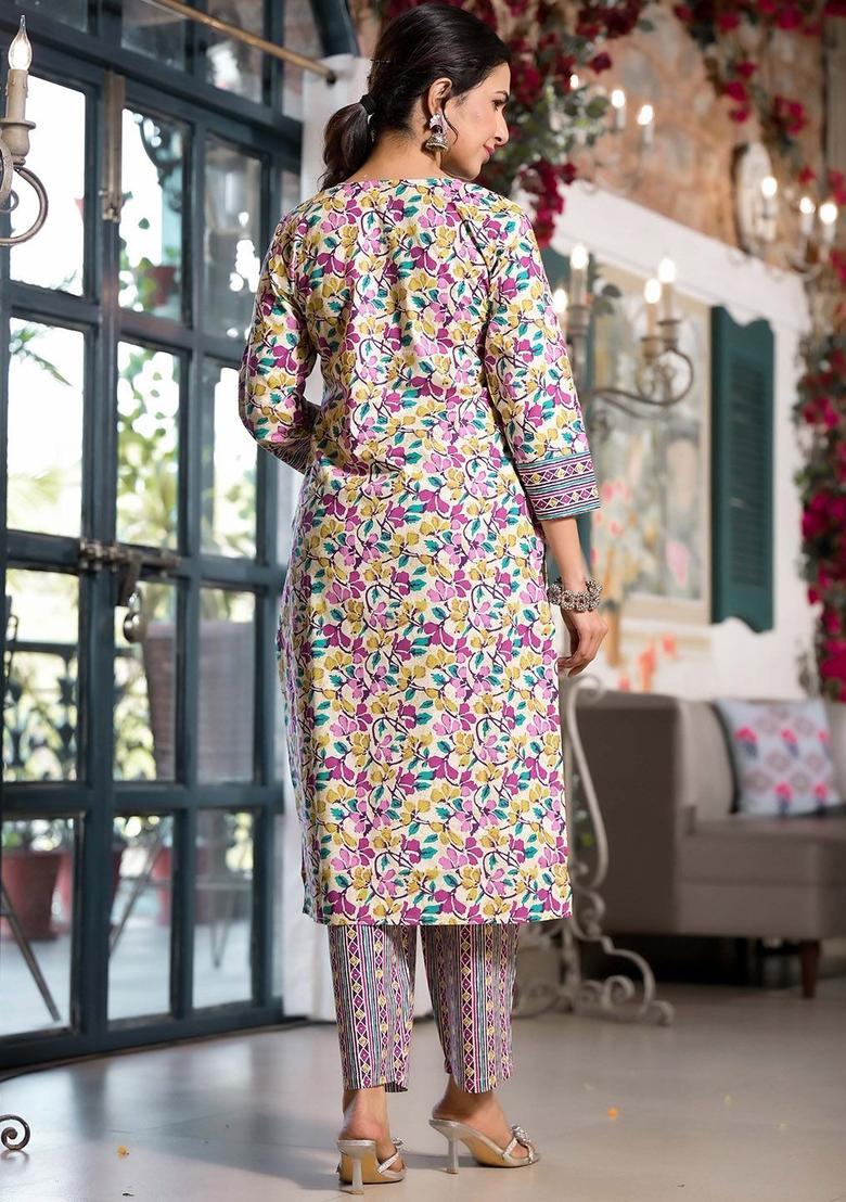 Beige Printed Cotton Kurta Set - Indya