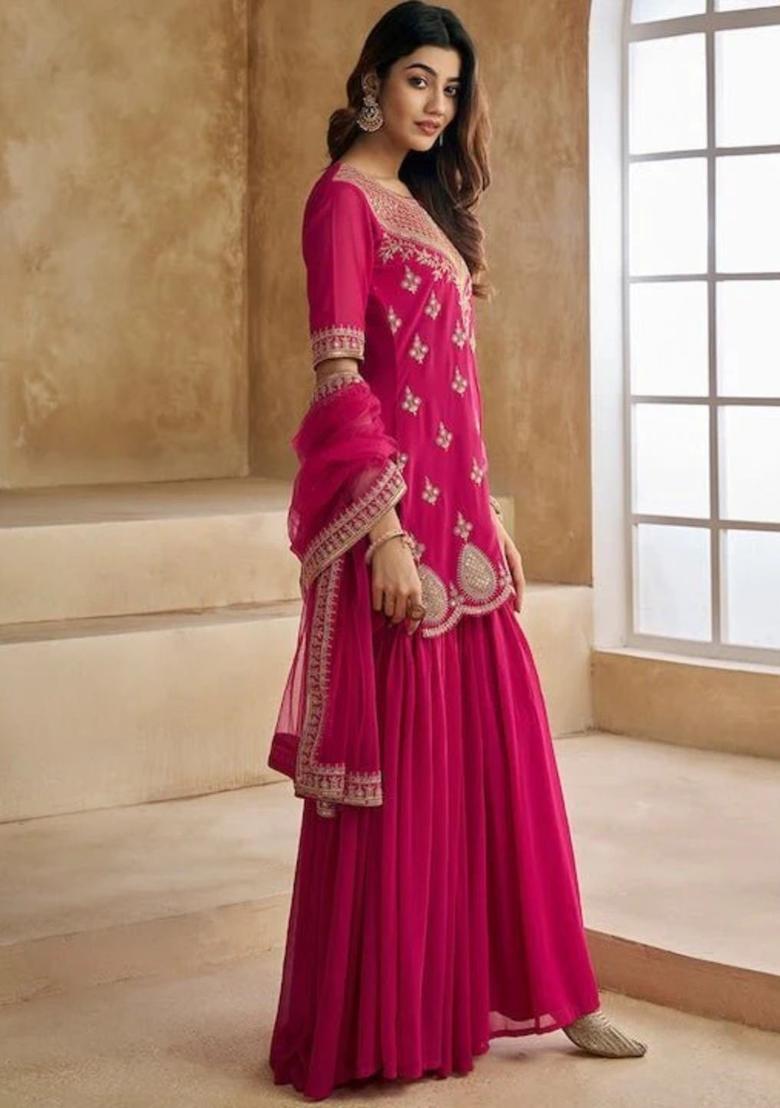 Pink Embroidered Georgette Kurta Set - Indya
