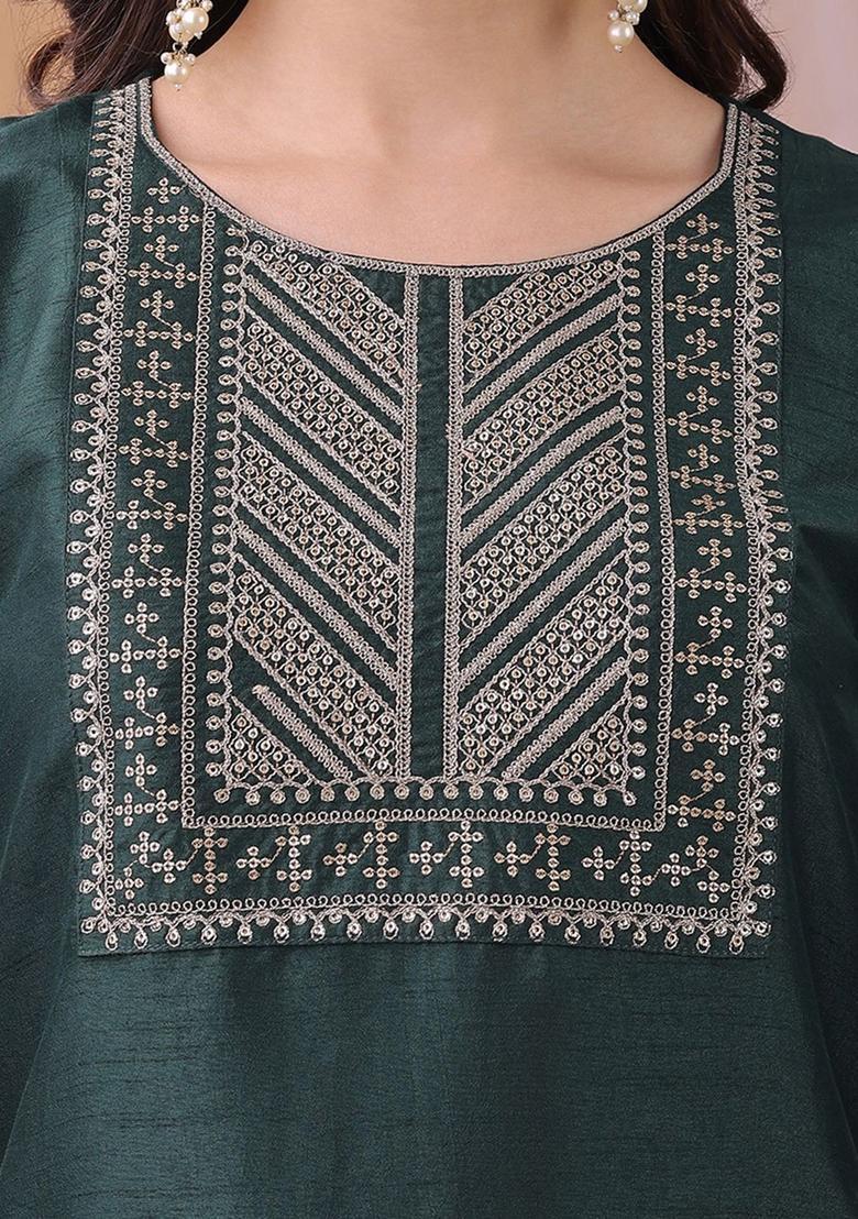 Green Embroidered Silk Kurta Set - Indya