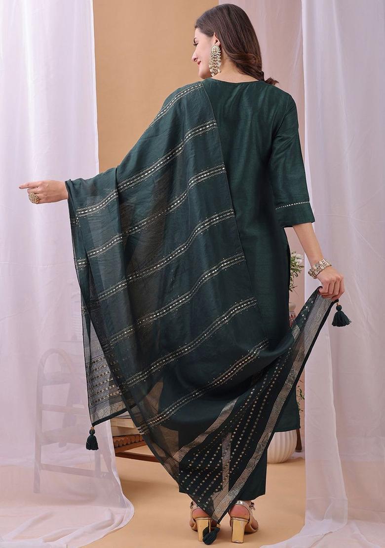 Green Embroidered Silk Kurta Set - Indya