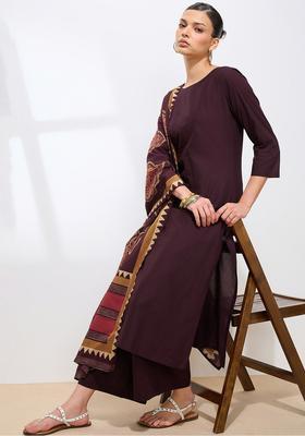 Maroon Solid Cotton Kurta Set