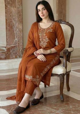 Brown Embroidered Viscose Kurta Set