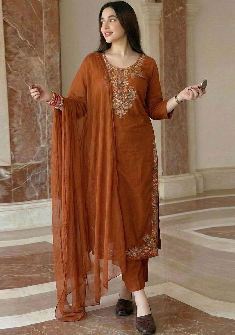 Brown Embroidered Viscose Kurta Set - Indya