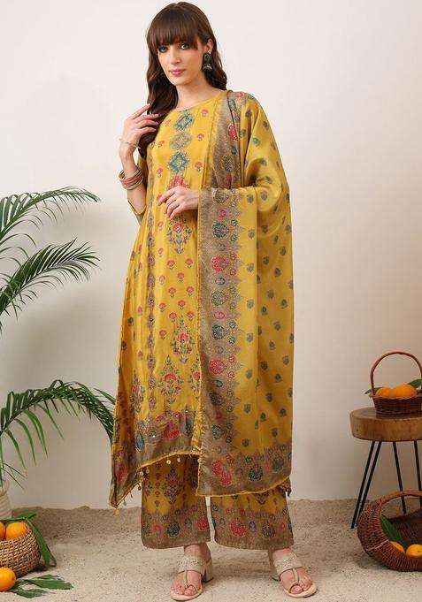 Yellow Printed Silk Blend Kurta Set