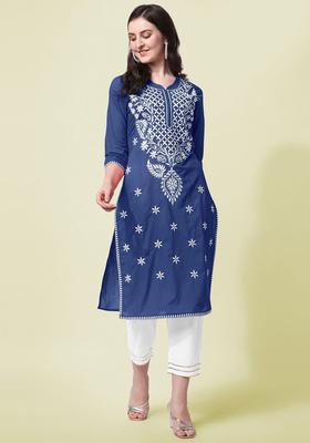 Blue Embroidered Cotton Kurta Set