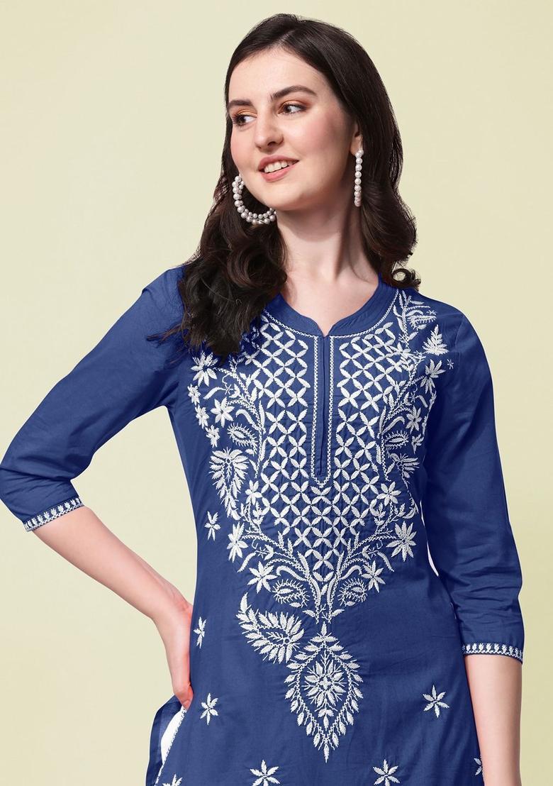 Blue Embroidered Cotton Kurta Set - Indya