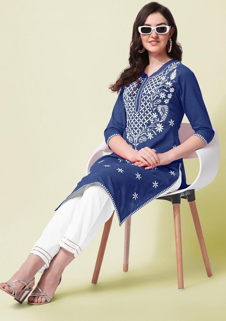 Blue Embroidered Cotton Kurta Set - Indya
