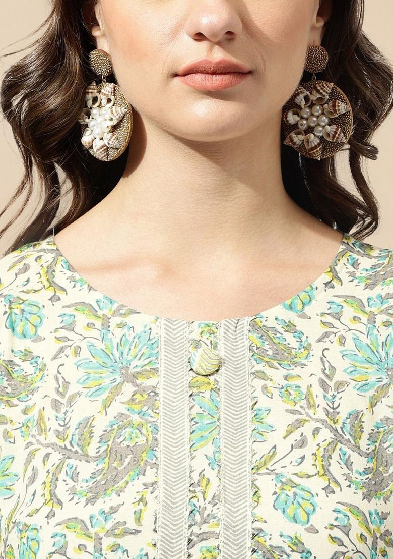 Beige Printed Cotton Kurta Set - Indya