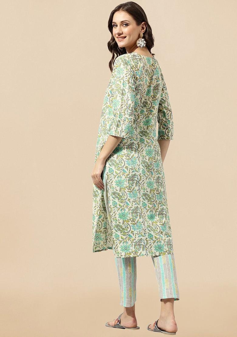 Beige Printed Cotton Kurta Set - Indya