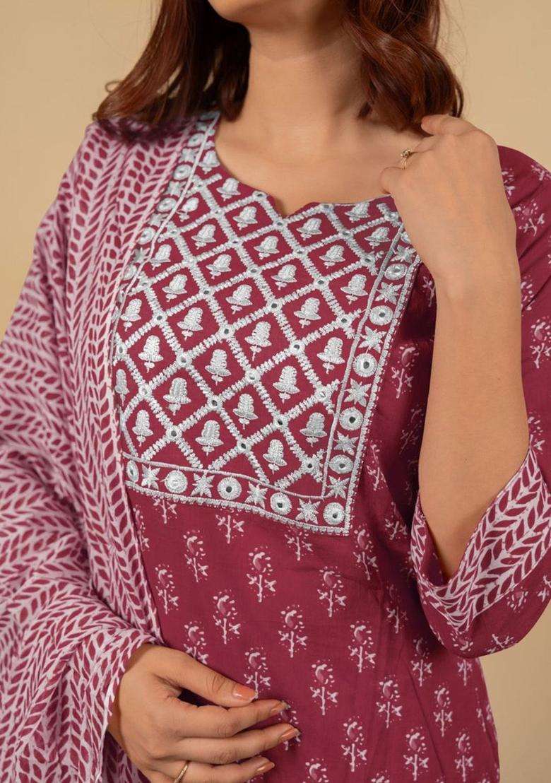 Maroon Printed Cotton Kurta Set - Indya