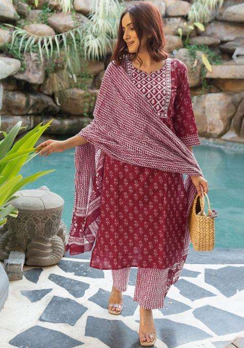 Maroon Printed Cotton Kurta Set