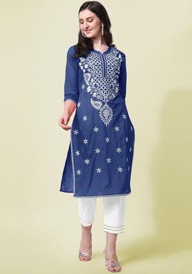 Blue Embroidered Cotton Kurta Set