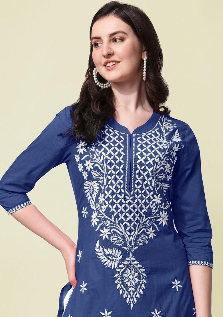 Blue Embroidered Cotton Kurta Set - Indya