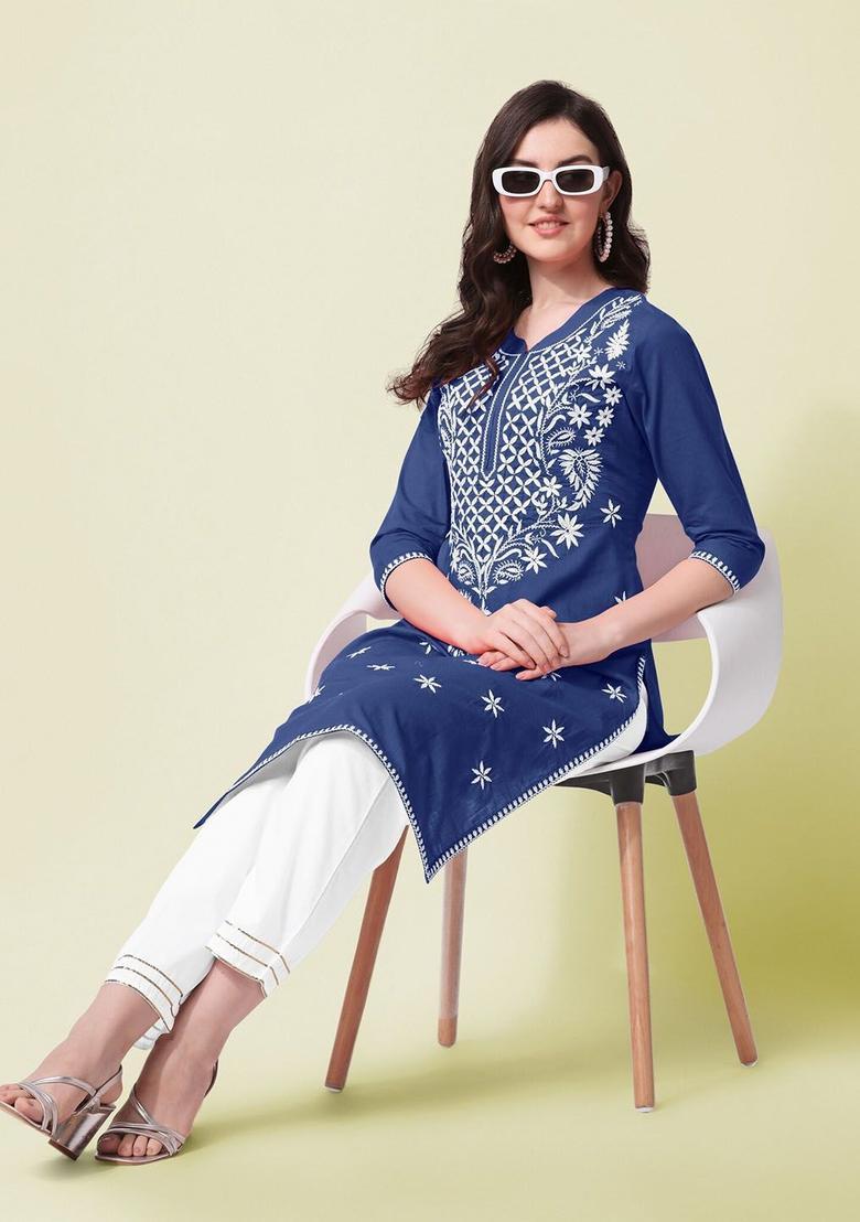 Blue Embroidered Cotton Kurta Set - Indya