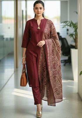 Maroon Solid Cotton Kurta Set