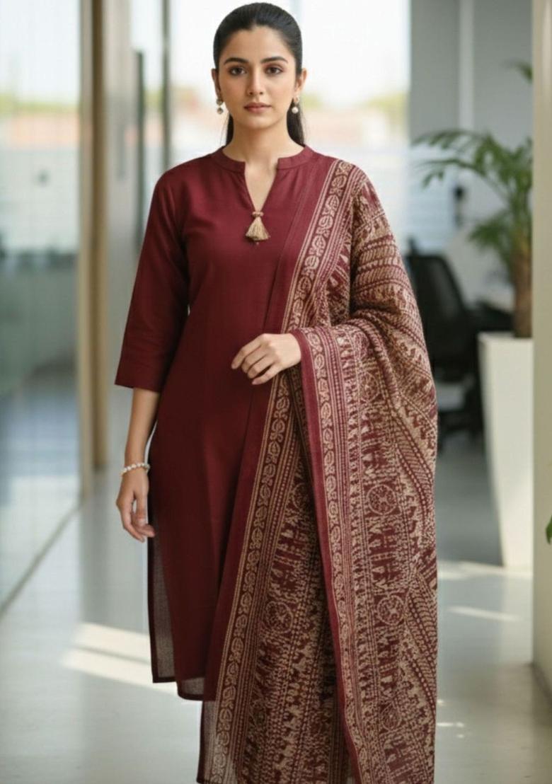 Maroon Solid Cotton Kurta Set - Indya