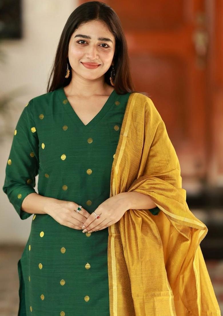 Green Printed Viscose Kurta Set - Indya