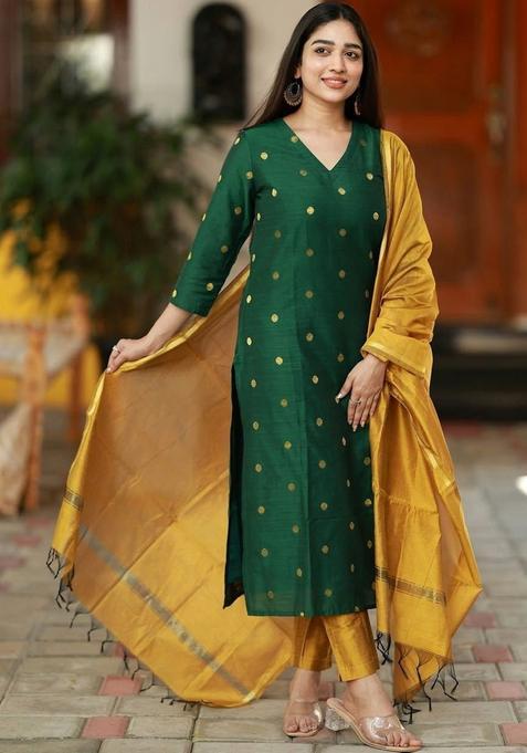 Green Printed Viscose Kurta Set — view on Indya