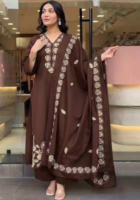 Brown Embroidered Viscose Kurta Set