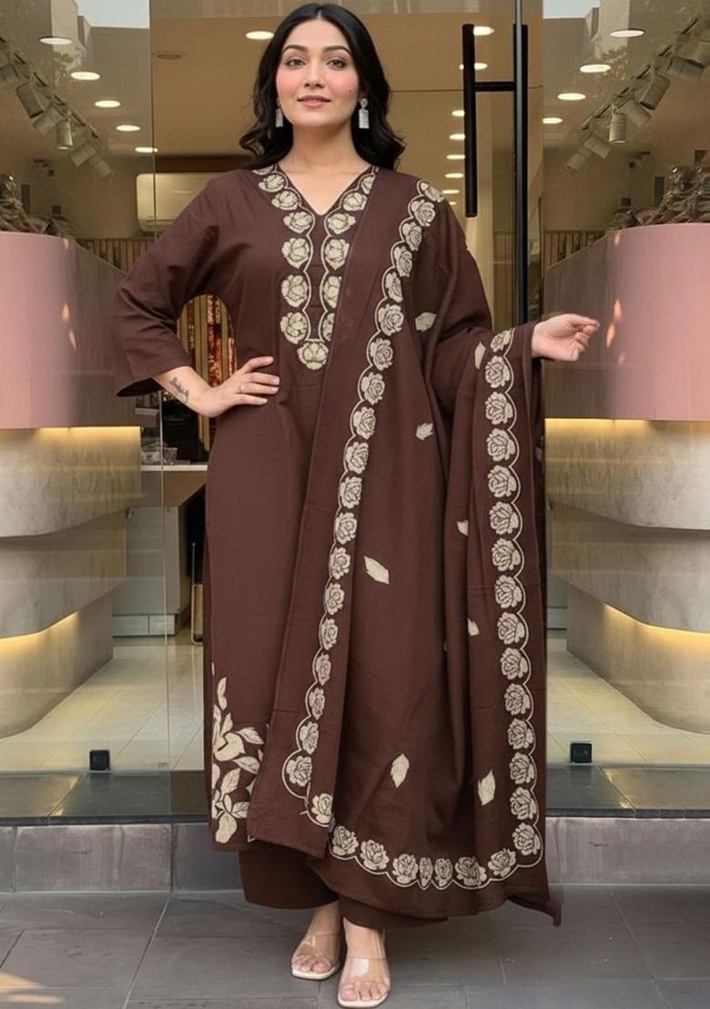 Brown Embroidered Viscose Kurta Set - Indya