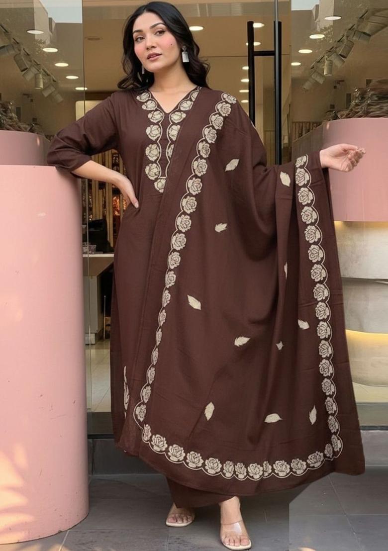 Brown Embroidered Viscose Kurta Set - Indya