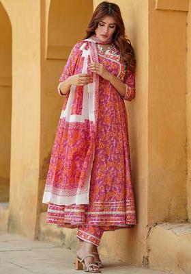 Pink Embroidered Cotton Kurta Set