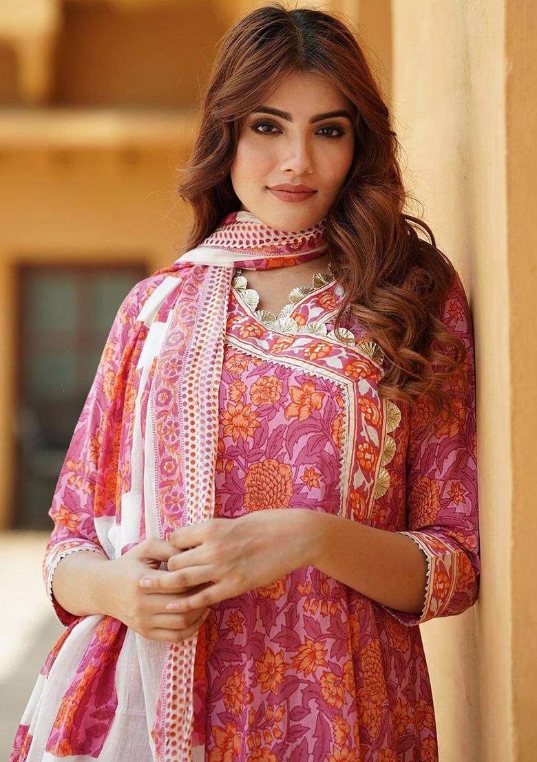 Pink Embroidered Cotton Kurta Set - Indya