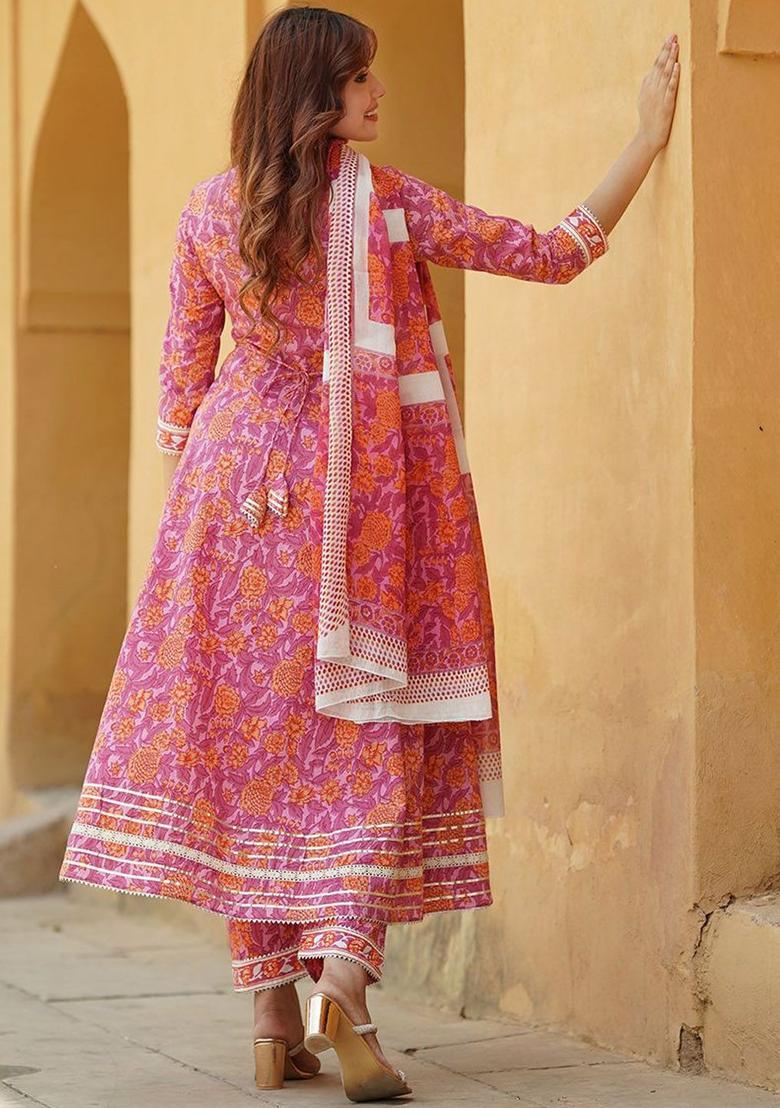 Pink Embroidered Cotton Kurta Set - Indya