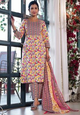 Beige Printed Cotton Kurta Set