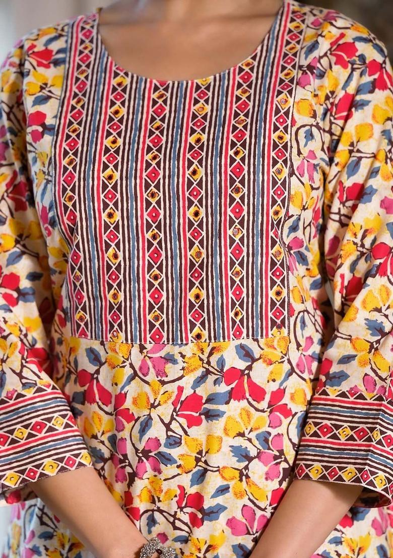 Beige Printed Cotton Kurta Set - Indya