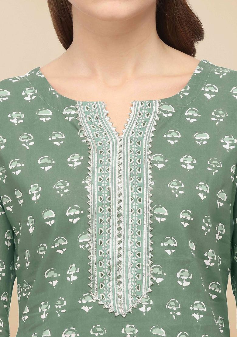 Green Printed Cotton Kurta Set - Indya