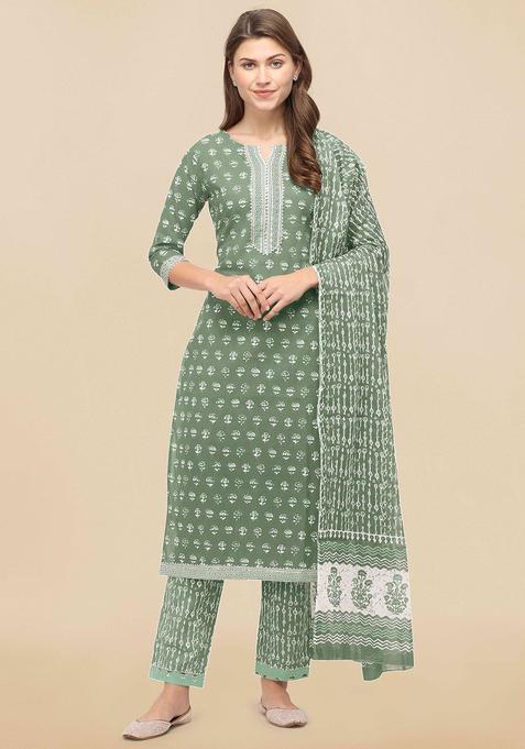 Green Printed Cotton Kurta Set — view on Indya