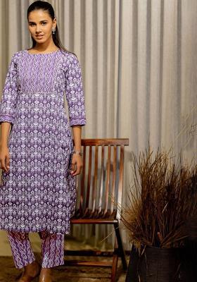 Purple Printed Cotton Kurta Set