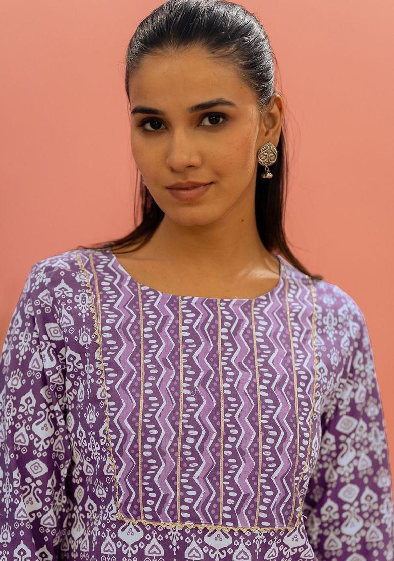 Purple Printed Cotton Kurta Set - Indya