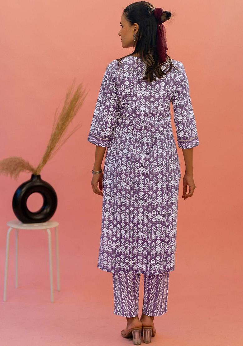 Purple Printed Cotton Kurta Set - Indya