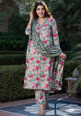 Beige Printed Cotton Kurta Set
