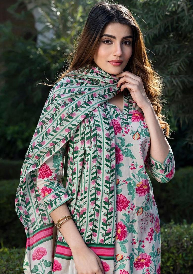 Beige Printed Cotton Kurta Set - Indya