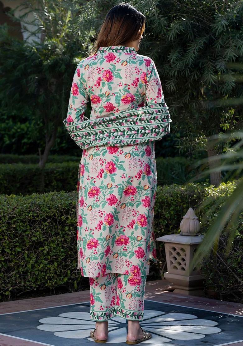 Beige Printed Cotton Kurta Set - Indya